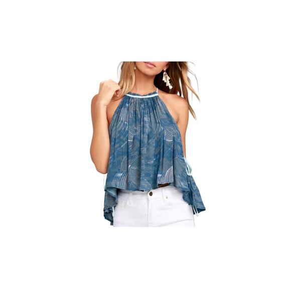 FREE PEOPLE Size M Seasons in the Sun Blouse Ocean Blue Ribbon Ties Coastal - Picture 1 of 10